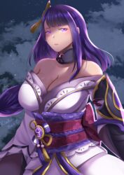  armor braid breasts cleavage cloud cloudy_sky commentary english_commentary female floral_print genshin_impact hair_ornament highres japanese_clothes kimono large_breasts long_hair looking_at_viewer mole mole_under_eye night night_sky obi obiage obijime parted_lips purple_eyes purple_hair raiden_shogun ribbon rinku_bny sash shoulder_armor sky solo tassel 