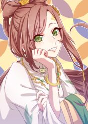  agehacat bracelet brown_hair chinese_clothes female flower food_fantasy gold_osmanthus green_eyes hair_flower hair_ornament hanfu highres jewelry long_hair low_ponytail osmanthus osmanthus_cake_(food_fantasy) ponytail smile solo 