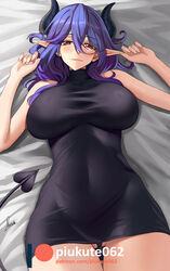  absurdres bare_arms bare_shoulders black_panties blush breasts closed_mouth demon_girl demon_tail english_commentary female hair_between_eyes hands_up highres horns kinsou_no_vermeil large_breasts looking_at_viewer lying meme_attire on_back panties patreon_username piukute062 pointy_ears purple_hair red_eyes signature sleeveless sleeveless_turtleneck sleeveless_turtleneck_dress smile solo tail thigh_gap turtleneck underwear vermeil_(kinsou_no_vermeil) virgin_killer_sweater 