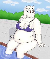  anthro arms_by_side belly bent_legs big_belly bovid caprine clothing ear_on_shoulder female floppy_ears goat hi_res legs_in_water legs_over_edge looking_away lop_ears mammal navel outside over_edge overweight overweight_anthro overweight_female partially_submerged poolside sitting sky soaking_feet solo straight_arms submerged_legs swimming_pool swimwear toriel undertale undertale_(series) water wenisberry 