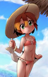  bikini blush breasts cowboy_shot day female green_eyes hat medic_(sekaiju) medic_2_(sekaiju) navel orange_hair outdoors pink_bikini sekaiju_no_meikyuu sekaiju_no_meikyuu_1 short_hair sky small_breasts solo sun_hat suno_(imydream) swimsuit 