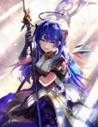  alternate_costume arknights black_gloves blue_eyes blue_hair breasts demon_horns detached_wings dress female gloves hair_between_eyes halo highres holding holding_staff horns light_rays long_hair medium_breasts mostima_(arknights) mostima_(spellbreaker)_(arknights) nuu_(liebe_sk) official_alternate_costume open_mouth signature solo staff wings 