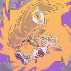  1:1 animal_humanoid cephalopod cephalopod_humanoid clothing female footwear hi_res humanoid inkling kaikoinu marine marine_humanoid mollusk mollusk_humanoid nintendo orange_eyes paint_roller pseudo_hair smile solo splatoon tentacle tentacle_hair 