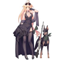  ahoge animal aviator_sunglasses blonde_hair blush breasts canine choker cleavage dobermann dress eyewear_on_head female formal full_body girls&#039;_frontline gloves green_eyes gun high_heels jewelry large_breasts long_hair low-tied_long_hair m1918_(girls&#039;_frontline) m1918_(tender_nocturne)_(girls&#039;_frontline) m1918_bar machine_gun necklace official_alternate_costume official_art smile solo standing suisai_(suisao) sunglasses thighhighs transparent_background very_long_hair weapon 