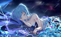  absurdres arino_ayarei black_thighhighs blue_eyes blue_hair blue_ribbon branch breasts cleavage closed_mouth commentary female hair_ribbon hand_on_own_cheek hand_on_own_face hatsune_miku highres long_hair looking_away lying medium_breasts naked_ribbon night night_sky number_tattoo on_side pink_ribbon reflection reflective_floor ribbon shoulder_tattoo sky smile solo star_(sky) starry_sky swept_bangs tattoo thighhighs twintails very_long_hair vocaloid 