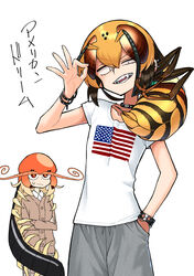  2girls absurdres american_flag antennae arthropod_girl black_hair blonde_hair bug cardigan centipede centipede_girl centipede_maeshima choker crossed_arms evolvingmonkey fangs hand_in_pocket highres hornet_suzuki multiple_girls ok_sign orange_eyes original pants shirt sweatdrop sweatpants t-shirt translated wasp_girl 