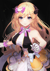  absurdres animal_ears bad_id bad_twitter_id bare_arms black_background blonde_hair blush bow bowtie breasts closed_mouth female gloves hair_ornament hairbow hairclip highres hololive hololive_idol_uniform horns large_breasts long_hair mochiyuki_(gigfor1) navel official_alternate_costume pink_bow pink_bowtie purple_eyes sheep_ears sheep_girl sheep_hair_ornament sheep_horns shirt skirt sleeveless sleeveless_shirt smile solo tsunomaki_watame very_long_hair virtual_youtuber white_gloves white_skirt 