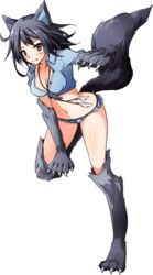  animal_ears animal_hands artist_request black_hair blue_shirt breasts claws cleavage denim denim_shorts female full_body jewelry long_hair lyca_(monster_musume) medium_breasts midriff monster_musume_no_iru_nichijou monster_musume_no_iru_nichijou_online navel necklace oerba_yun_fang official_art red_eyes shirt short_shorts shorts solo tail transparent_background wolf_ears wolf_girl wolf_tail 