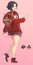  absurdres backpack bag black_hair black_shorts breasts cacodemon doom_(series) female full_body grey_eyes highres jacket large_breasts long_sleeves looking_at_viewer lulu-chan92 open_mouth pink_background pun red_footwear red_jacket ruby_rose rwby shirt shoes short_hair shorts simple_background smile solo v white_shirt 