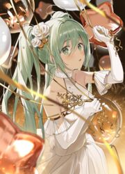  :o ahoge arm_up balloon bangs bare_shoulders blush collarbone commentary_request cowboy_shot dress elbow_gloves eyebrows_visible_through_hair female flower gloves gradient gradient_background green_eyes green_hair hair_flower hair_ornament hatsune_miku highres holding holding_balloon long_hair parted_lips rokcha rose signature solo star_balloon twintails twitter_username vocaloid white_dress white_flower white_gloves white_rose yellow_background 