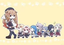  6+girls :3 absurdres ahoge akishimo_(kancolle) asashimo_(kancolle) asashimo_kai_ni_(kancolle) asymmetrical_clothes asymmetrical_hair asymmetrical_legwear black_gloves black_hair blonde_hair blue_hair blush bug butterfly chibi closed_eyes cosplay flag flower gloves gradient_hair grey_hair hair_ornament hair_over_one_eye hair_ribbon hairclip harusame_(kancolle) hayashimo_(kancolle) heterochromia highres holding kantai_collection kiyoshimo_(kancolle) light_brown_hair long_hair mini_person minigirl multicolored_hair multiple_girls murasame_(kancolle) murasame_kai_ni_(kancolle) musashi_(kancolle) musashi_(kancolle)_(cosplay) musashi_kai_ni_(kancolle) musashi_kai_ni_(kancolle)_(cosplay) nami_nami_(belphegor-5812) open_mouth pink_hair ponytail ribbon sailor_collar samidare_(kancolle) scarf school_uniform serafuku sharp_teeth side_ponytail simple_background skirt smile teeth twintails two_side_up uneven_legwear walking white_scarf yellow_background yuudachi_(kancolle) yuudachi_kai_ni_(kancolle) 