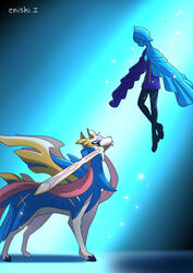  bad_id bad_pixiv_id blue_background canine cape commentary_request eye_contact female fi_(zelda) floating full_body highres holding holding_weapon light looking_at_another looking_down looking_up mouth_hold pokemon pokemon_(creature) signature standing sword the_legend_of_zelda the_legend_of_zelda:_skyward_sword weapon yukari_(yukari21653710) zacian zacian_(crowned) 