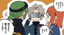  2boys black_gloves black_jacket blue_jacket cail_(pokemon) check_translation coat female fur-trimmed_jacket fur_trim gloves goggles goggles_on_head green_hair grey_hair hair_tie hand_on_own_chin hand_up index_finger_raised ittumozzz jacket long_sleeves multiple_boys orange_hair pokemon pokemon_colosseum rui_(pokemon) speech_bubble stroking_own_chin tied_hair translation_request visor wes_(pokemon) 