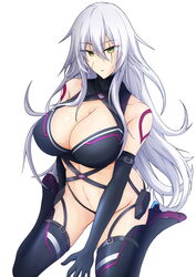  absurdres aged_up alternate_breast_size alternate_hairstyle aoi_tabane bare_shoulders boots breasts cleavage commentary_request fate/apocrypha fate_(series) female green_eyes hair_between_eyes highres jack_the_ripper_(fate/apocrypha) large_breasts long_hair long_sleeves looking_at_viewer md5_mismatch navel scar scar_across_eye scar_on_cheek scar_on_face shoulder_tattoo simple_background sitting solo tattoo thigh_boots wariza white_background white_hair 