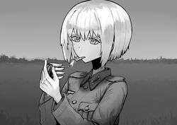  blurry cigarette depth_of_field erica_(naze1940) female fire greyscale horizon leyna_koch lighting_cigarette matchbox matches military military_uniform monochrome original outdoors short_hair sky soldier solo uniform upper_body world_war_ii 