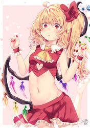  absurdres adapted_costume ahoge bare_arms bare_shoulders barefoot blonde_hair border bow breasts crop_top crystal cuffs female fingernails flandre_scarlet foot_up hairbow highres kemo_chiharu long_hair lowleg lowleg_skirt midriff miniskirt nail_polish navel outside_border parted_lips red_eyes red_nails red_skirt side_ponytail skirt skirt_set small_breasts solo stomach touhou white_border wings 