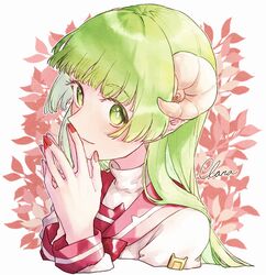  badge closed_mouth curled_horns demon_girl female green_eyes green_hair highres horns leaf long_hair long_sleeves mairimashita!_iruma-kun md5_mismatch own_hands_together pointy_ears purutera red_nails red_sailor_collar sailor_collar simple_background smile solo straight_hair turtleneck valac_clara visible_ears 