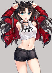  animal_print armpits arms_up asle bare_shoulders black-framed_eyewear black_choker black_hair black_shorts blue_eyes blush breasts casual choker clothes_writing collarbone commentary crop_top drawstring english_text eyewear_on_head fate/stay_night fate_(series) female grey_background hood hood_down hoodie jacket long_hair long_sleeves looking_at_viewer midriff navel open_clothes open_jacket open_mouth parted_bangs photoshop_(medium) rabbit_print red_jacket short_shorts shorts simple_background sleeveless sleeveless_hoodie sleeves_past_wrists small_breasts solo sunglasses teeth tohsaka_rin two_side_up upper_teeth_only very_long_hair white_hoodie 