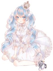  :o ahoge blue_eyes blue_hair commentary_request corset crown dress female frilled_crown frilled_dress frilled_sleeves frilled_socks frills hair_ornament hatsune_miku highres long_hair looking_at_viewer marker_(medium) open_mouth partial_commentary paruno pom_pom_(clothes) ribbon shoes socks solo star_(symbol) star_hair_ornament traditional_media twintails v_arms vocaloid white_background white_corset white_dress white_ribbon 