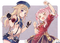  &gt;_&lt; 2girls armband black_gloves blonde_hair blue_hair blush clenched_hands commentary_request double_bun facing_viewer fingerless_gloves gloves hair_bun himehina_channel long_hair looking_at_viewer midriff multicolored_hair multiple_girls navel oerba_yun_fang open_mouth pink_hair purple_eyes sakino_shingetsu short_sleeves streaked_hair suzuki_hina tanaka_hime virtual_youtuber 