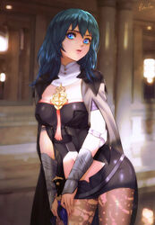  armlet armor armored_dress artist_name bad_id bad_pixiv_id black_cloak black_pantyhose black_shorts blue_eyes blue_hair bodice breasts brown_pantyhose bustier byleth_(female)_(fire_emblem) byleth_(fire_emblem) capelet cloak clothing_cutout commentary contrapposto cowboy_shot detached_collar english_commentary esther_shen eyelashes female fire_emblem fire_emblem:_three_houses floral_print hair_between_eyes knife lace-trimmed_legwear lace_trim lips long_hair looking_at_viewer medium_breasts midriff navel navel_cutout pantyhose pantyhose_under_shorts parted_lips print_pantyhose short_shorts short_sleeves shorts signature solo sunlight tassel turtleneck vambraces 