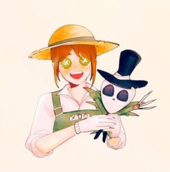  :d brown_hair button_eyes buttons character_doll doll emma_woods female freckles gloves green_eyes gremlintot hat holding holding_doll identity_v jack_(identity_v) looking_at_viewer mini_jack open_mouth smile solo straw_hat white_background white_gloves 