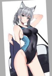  animal_ear_fluff animal_ears bag black_one-piece_swimsuit blue_archive blue_eyes breasts competition_swimsuit contrapposto covered_navel cross_hair_ornament extra_ears female grey_hair hair_ornament halo low_ponytail medium_breasts medium_hair mismatched_pupils multicolored_clothes multicolored_swimsuit nemun_(tamizzz) official_alternate_costume one-piece_swimsuit shiroko_(blue_archive) shiroko_(swimsuit)_(blue_archive) smile solo swimsuit towel white_background wolf_ears 