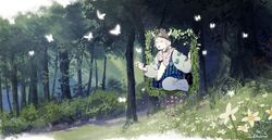  artist_name blonde_hair blue_eyes bug bush butterfly female flower from_outside grass hair_ornament hat highres horns illumi999 open_mouth original outdoors pale_skin pants portal_(object) scarf short_sleeves signature sitting solo surprised through_window tree white_pants 