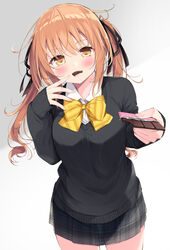  black_ribbon black_sweater blush bow breasts brown_eyes brown_hair candy chocolate chocolate_bar collared_shirt commentary_request diagonal_stripes dress_shirt duplicate female food food_in_mouth giving grey_background grey_skirt hair_between_eyes hair_ornament hair_ribbon hand_up highres holding holding_food incoming_food large_breasts long_hair long_sleeves looking_at_viewer medium_breasts minato_shachiko mouth_hold nail_polish pink_nails pixel-perfect_duplicate plaid plaid_skirt pleated_skirt ribbon sachiiro_hanamizuki sasahara_wakaba school_uniform shirt simple_background skirt sleeves_past_wrists solo striped striped_bow sweater twintails white_background white_shirt 