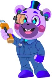  2023 alpha_channel anthro bear blue_clothing blue_eyes buckteeth clothing digital_creature digital_media_(artwork) electroshock_weapon five_nights_at_freddy&#039;s five_nights_at_freddy&#039;s:_security_breach five_nights_at_freddy&#039;s:_security_breach_ruin footwear happy helpi_(fnaf) holding_object holding_weapon lineless low_res male mammal official_art pink_body pink_cheeks purple_clothing purple_footwear purple_shoes scottgames shaded shoes simple_shading simple_style solo steel_wool_studios stun_gun teeth unknown_artist weapon 