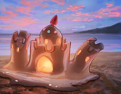  beach cloud commentary_request fusenryo glowing highres no_humans outdoors palossand pokemon pokemon_(creature) sand sand_castle sand_sculpture shore sky twilight water 