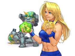  abs blonde_hair blue_eyes commentary cracked_helmet crop_top death eating english_commentary female food food_on_face full_mouth galactic_federation_trooper gameplay_mechanics helmet highres long_hair metroid metroid_fusion midriff navel samus_aran short_shorts shorts signature solo spacesuit stup-jam toned white_background x_parasite 