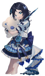  absurdres aiba_uiha aiba_uiha_(1st_costume) aoaso black_hair blue_bow blue_eyes blue_skirt bow commentary female frilled_skirt frills hair_ornament hairbow highres holding holding_stuffed_toy hugging_doll hugging_object long_hair looking_at_viewer nijisanji simple_background skirt smile solo stuffed_animal stuffed_toy virtual_youtuber white_background 