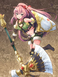  aqua_eyes axe bare_shoulders battle_axe boots breasts brown_background brown_gloves cleavage cleavage_cutout clothing_cutout crop_top elbow_gloves female fur_trim gloves green_shorts green_vest hair_between_eyes hair_ornament hair_ribbon halphas_(megido72) heart highres holding holding_axe holding_shield holding_weapon huge_weapon knee_boots long_hair looking_at_viewer medium_breasts megido72 midriff navel open_mouth pink_hair pochita_(pochitaiko) ponytail red_ribbon ribbon shield shorts solo very_long_hair vest weapon 