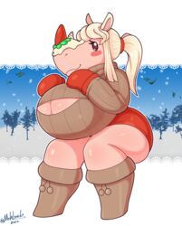  absurd_res animal_crossing anthro big_breasts blush blush_stickers boots breasts cleavage cleavage_cutout clothed clothing cutout female footwear hair handwear hi_res huge_breasts looking_at_viewer mammal mehdrawings merengue_(animal_crossing) mittens nintendo ponytail rhinoceros snow solo sweater thick_thighs topwear 