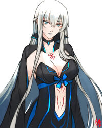  black_cape black_choker black_dress blue_bow blue_eyes bodypaint bow braid breasts cape chest_bow choker cleavage clothing_cutout covered_navel cowboy_shot dress english_commentary fate/apocrypha fate/grand_order fate_(series) female grey_hair hair_between_eyes half_up_braid highres large_breasts light_smile long_hair moedredd morgan_le_fay_(fate) mystical_high_collar navel_cutout signature solo very_long_hair white_background 