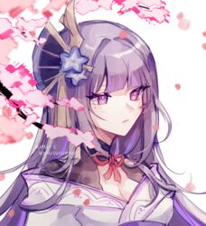  artist_name breasts cleavage closed_mouth commentary english_commentary falling_petals female flower genshin_impact hair_ornament japanese_clothes kimono kuri-s large_breasts long_hair mole mole_under_eye obiage petals purple_eyes purple_flower purple_hair raiden_shogun ribbon simple_background solo tassel white_background 