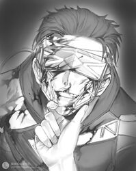  1boy 1other animification apex_legends blood blood_on_arm blood_on_face broken_mask duoqing_hanzhe fast_fashion_octane goggles greyscale hair_behind_ear hair_slicked_back hand_on_another&#039;s_chin head-mounted_display highres jacket lofter_logo lofter_username looking_at_viewer male_focus mask monochrome octane_(apex_legends) official_alternate_costume pov smile solo_focus watermark 