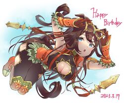  animal_ears birthday blue_eyes breasts brown_hair cleavage_cutout clothing_cutout dated domino_mask el_condor_pasa_(kukulkan_monk)_(umamusume) el_condor_pasa_(umamusume) female full_body gloves happy_birthday hawawa_(hawawauma) highres horse_ears horse_girl large_breasts long_hair mask official_alternate_costume red_gloves solo umamusume 