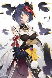  absurdres arms_under_breasts bird bird_mask black_hair bracelet breasts closed_mouth crossed_arms crow falling_feathers feathers female genshin_impact highres japanese_clothes jewelry kujou_sara large_breasts mask mask_on_head md5_mismatch sakotach short_hair solo tassel vision_(genshin_impact) white_background yellow_eyes 