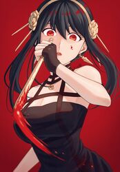  bare_shoulders black_dress black_hair blood blood_on_weapon blush breasts dagger dress earrings female flower hairband highres hm89509321 jewelry knife large_breasts long_hair looking_at_viewer open_mouth red_background red_eyes solo spy_x_family stiletto_(weapon) weapon yor_briar 