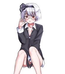  alternate_costume artist_request black_hairband black_pajamas black_ribbon black_shirt bob_cut breasts cleavage commission female glasses grey_hair hairband konpaku_youmu legs long_sleeves nightshirt no_pants pajamas red_eyes ribbon round_eyewear second-party_source shirt short_hair simple_background sitting sleepwear small_breasts solo touhou white_background 