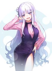  absurdres black_dress breasts dress emilia_(re:zero) female flower hair_flower hair_ornament hand_on_own_hip highres long_hair long_sleeves looking_at_viewer m.tokotsu open_mouth re:zero_kara_hajimeru_isekai_seikatsu smile solo teeth thighs upper_teeth_only white_eyes white_hair 