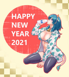  2021 animal_ears animal_print arm_support bell between_legs bikini black_thighhighs blue_eyes blue_hair blush bottle breasts byleth_(female)_(fire_emblem) byleth_(fire_emblem) checkered_background chinese_zodiac choker cleavage commentary_request cow_ears cow_girl cow_horns cow_print cow_tail drinking fake_animal_ears fake_horns fake_tail female fire_emblem fire_emblem:_three_houses full_body hair_between_eyes hairband hand_between_legs happy_new_year holding holding_bottle hood hood_down hooded_jacket horns jacket large_breasts long_hair long_sleeves looking_at_viewer midriff milk_bottle navel neck_bell new_year open_clothes open_jacket outline pink_choker pink_hairband shio_robin sidelocks sitting solo swimsuit tail thighhighs wariza white_bikini white_jacket year_of_the_ox yellow_background 