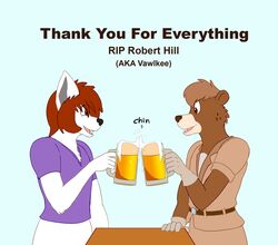  2018 alcohol bear beer beverage brown_body brown_eyes brown_fur brown_hair clothing colored digital_media_(artwork) duo english_text fur furniture fuyu_graycen gloves hair handwear hi_res hybrid in_memoriam male male/male mammal purple_clothing purple_shirt purple_topwear robert_bear shadow2007x shirt simple_background table text topwear tribute white_body white_fur 