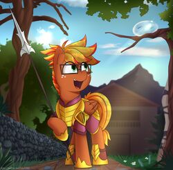  absurd_res armor blaze_fury_(oc) detailed_background equid equine eyewear felixf feral freckles glasses goo_creature hasbro hi_res male mammal my_little_pony mythological_creature mythological_equine mythology pegasus slimey_(oc) smile solo weapon wings 