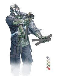  1boy absurdres aiming chaboex check_commentary color_guide commentary_request cyborg extended_magazine gun handgun highres holding holding_gun holding_weapon magazine_(weapon) male_focus original photoshop_(medium) science_fiction solo weapon white_background 