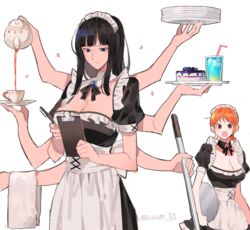  2girls alternate_costume apron black_dress black_eyes black_hair black_ribbon blunt_bangs breasts brown_eyes cake cleavage cleavage_cutout clothing_cutout commentary cup dress enmaided extra_arms food holding holding_notepad holding_pen holding_plate holding_teapot holding_tray joman korean_commentary looking_at_another looking_down maid maid_apron maid_headdress multiple_girls multitasking mundane_utility nami_(one_piece) neck_ribbon nico_robin notepad one_piece open_mouth orange_hair pen plate plate_stack pouring puffy_short_sleeves puffy_sleeves ribbon short_hair short_sleeves simple_background teacup teapot towel tray twitter_username white_apron white_background 