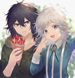  2boys :d absurdres bad_id bad_pixiv_id black_hair blue_eyes blue_shirt blurry blurry_background brooch brothers coat crepe dated day eating food fur_trim hair_between_eyes highres iwakiyamayukisatoshironanogojuurokushi_akira iwakiyamayukisatoshironanogojuurokushi_yui jewelry kemono_jihen long_hair male_focus multiple_boys open_mouth outdoors selfie shirt siblings smile suspenders upper_body v white_hair yct_(yoct_o) 