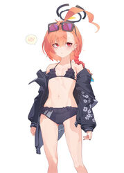  absurdres ahoge alternate_costume arms_at_sides asymmetrical_bangs bare_shoulders bikini black_bikini black_jacket blue_archive blush braid breasts chains cleavage commentary_request earrings eyewear_on_head feet_out_of_frame female frilled_bikini frills halo highres jacket jewelry long_sleeves looking_at_viewer mole mole_under_eye navel neru_(blue_archive) neru_(swimsuit)_(blue_archive) off_shoulder open_clothes open_jacket orange_hair raised_eyebrows red_eyes simple_background single_braid small_breasts solo spoken_blush stomach stud_earrings sunglasses sweatdrop swimsuit white_background yanyo_(ogino_atsuki) 